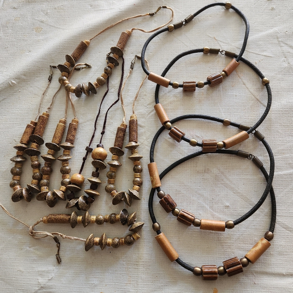 Vintage Bundle 10 Greek Ceramic Beads Necklace Brown Tan AS IS